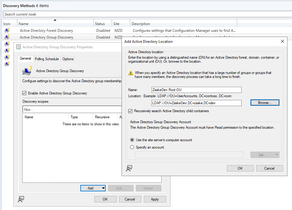 Snip of the AD Group Discovery Properties dialogs illustrating the LDAP path used for the domain.