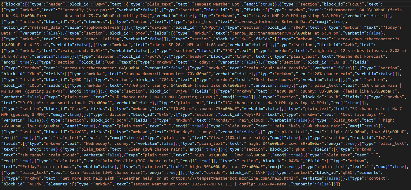 Screenshot of a large chunk of JSON-formatted data representing the block structure for Slack app home payload